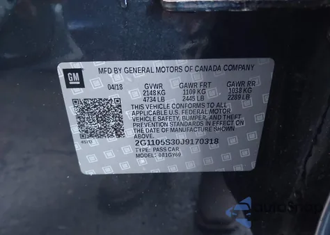 2018 Chevrolet Impala 1Lt from USA, damaged, VIN 2G1105S30J9170318